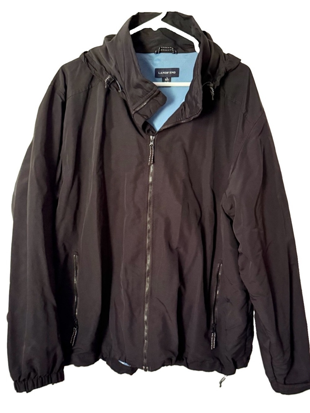 Lands' End Men's Black Hooded Windbreaker Rain Jacket with Light Blue Lining XL